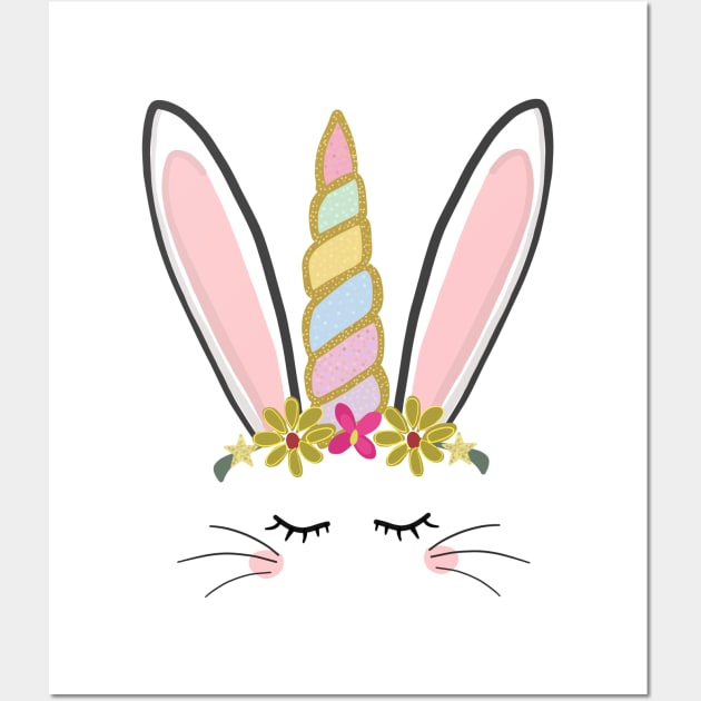 Cute Easter bunny unicorn vector with flowers Wall Art by GULSENGUNEL